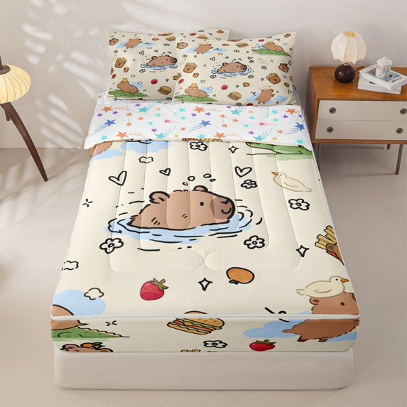 Homewish Brown Cartoon Capybara Zipper Twin Comforter Sets with Fitted Sheet and 2 Pillowcases,Funny Mouse Zipper Bedding Set For Capybara Lovers,Reversible,4 Pieces