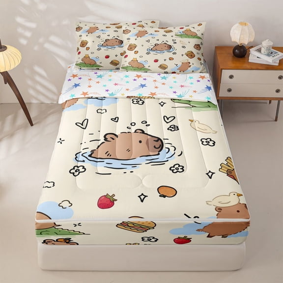 Homewish Brown Cartoon Capybara Zipper Twin Comforter Sets with Fitted Sheet and 2 Pillowcases,Funny Mouse Zipper Bedding Set For Capybara Lovers,Reversible,4 Pieces