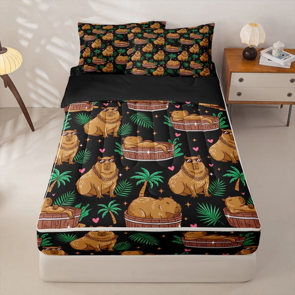 Homewish Brown Cartoon Capybara Zipper Twin Comforter Sets with Fitted Sheet and 2 Pillowcases,Hawaii Coconut Tree Tropical Botanical Zipper Bedding Set For Kids Teens,Reversible,4 Pieces