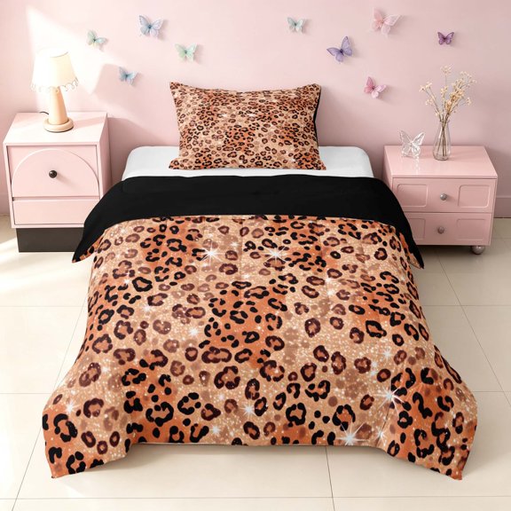 Homewish Brown Cheetah Print Twin Comforter Sets, Animal Bedding Set, Black Reversible, 2-Piece 1 Comforter and 1 Pillowcase