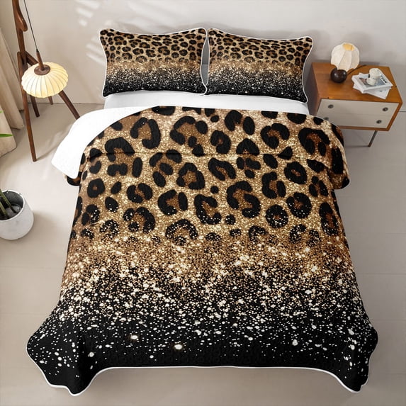 Homewish Brown Cheetah Print Twin Quilt Set for Girls, Princess Glitters Printed Twin Coverlet Set, 2-Piece 1 Bedspread and 1 Pillowcase