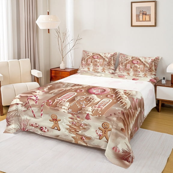 Homewish Brown Christmas Cabin Full Size Sheets, Kawaii Gingerbread Man Bed Sheets, Teens Kids Boys Girls Sheet Sets, Microfiber Bedroom Decor, 4-Piece