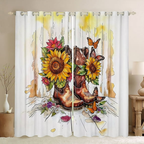 Homewish Brown Cowgirl Boot Black Out Curtains, Vibrant Rustic Sunflower Curtains Pack of 2 (42x63 Each), Cartoon Lodge Cabin Bedroom Curtains, Window Curtains Home Decor