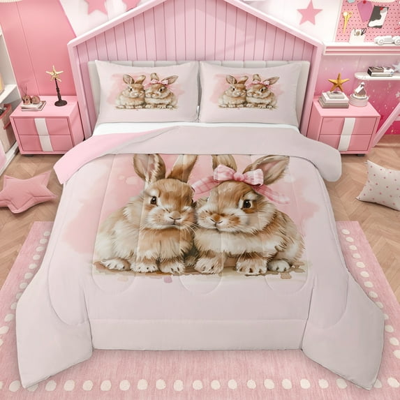 Homewish Brown Cute Rabbit Bedding Comforter Set,Oink Bow Tie Twin Comforter Sets,Cartoon Animal Bedding Set For Girl Teens,Ultra Soft Home Decor Reversible,2 Pieces
