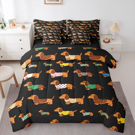 Homewish Brown Dachshund 7-Piece Twin Bedding,Cute Pet Dog Bedding Comforter Set,Black,Black Reversible