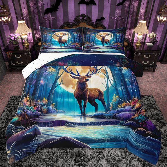 Homewish Brown Deer Elk Queen Comforter Set,Woodland Animal Bedding Sets,Colorful Flower Floral Bedding Comforter Set For Teens,Super Cozy Room Decor Reversible,3 Pieces