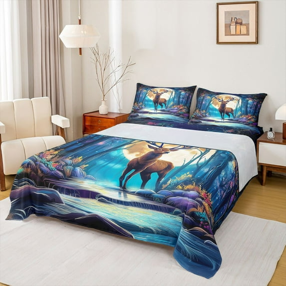 Homewish Brown Deer Elk Twin Sheet Sets,Woodland Animal Twin Fitted Sheet,Colorful Flower Floral Flat Sheet For Teens,Super Cozy Room Decor,3pcs