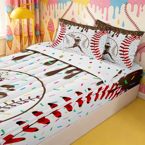 Homewish Brown Dripping Baseball Stitch Batter Silhouette Graphic Zipper Twin Comforter Sets with Fitted Sheet and 2 Pillowcases,Baseball Graphic Zipper Bedding Set,4-Piece