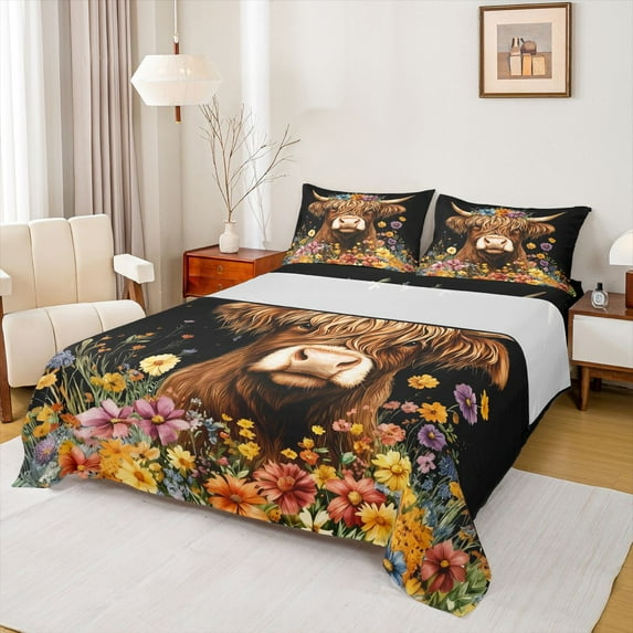 Homewish Brown Farmhouse Cow Full Size Sheets for Child, Vibrant Groovy Flower Floral Bed Sheets, Kawaii Animal Sheet Sets, Ultra Soft Bedroom Decor, 4 Pieces