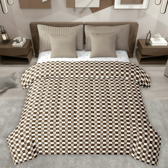 Homewish Brown Fashion Plaid Twin Bedding Sets 7-Piece for Teens, Modern Square Checkered Bedding Comforter Set, Chic Buffalo Reversible Sheet Sets, Luxury Bedroom Decor