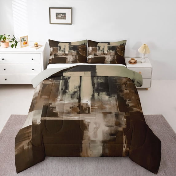 Homewish Brown Geometric Square Queen Comforter Set,Retro Abstract Art Comforter Sets Queen,Light Gray Reversible,3pcs,1 Comforter and 2 Pillowcases