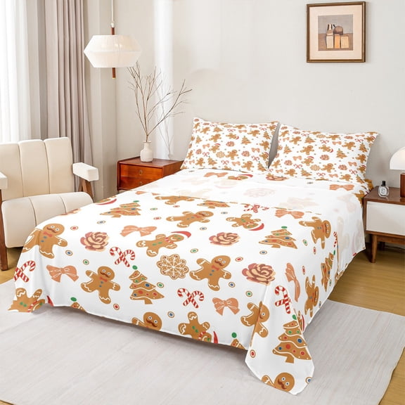 Homewish Brown Gingerbread Bread Bed Sheets, Yummy Christmas Dessert King Sheets, Kawaii Princess Bowknot Sheet Set, Super Cozy Room Decor, 4 Pieces