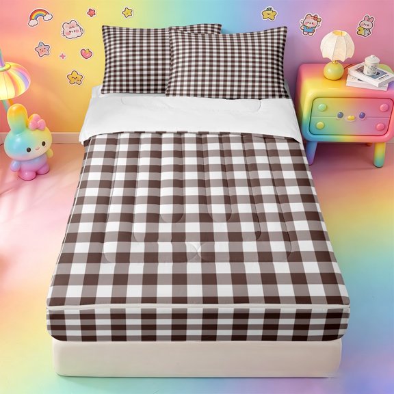 Homewish Brown Gingham Plaid Zipper Twin Comforter Sets with Fitted Sheet and 2 Pillowcases,Classic Check Pattern Zipper Bedding Set For Girls,4 Pieces