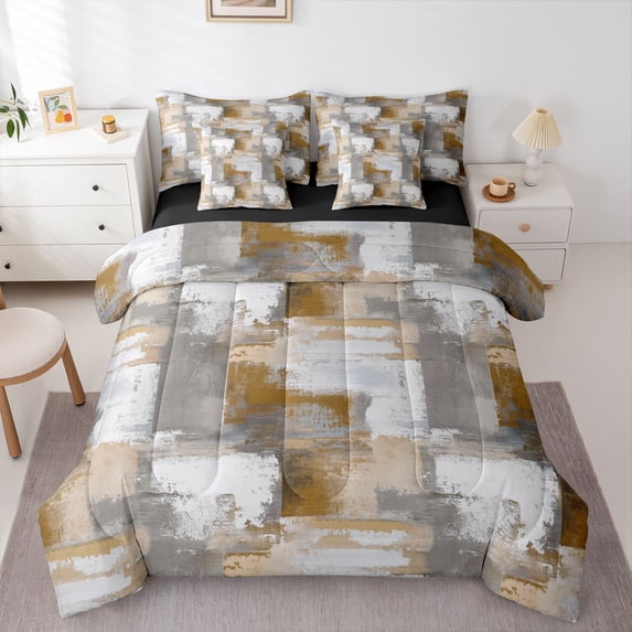 Homewish Brown Gradient Plaid 7-Piece King Bedding,Aesthetic Art King Bed in a Bag,Black Reversible