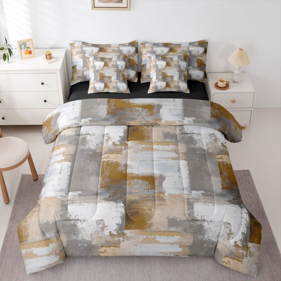 Homewish Brown Gradient Plaid 7pcs Queen Bedding,Aesthetic Art Bedding Comforter Set Queen,Black Reversible