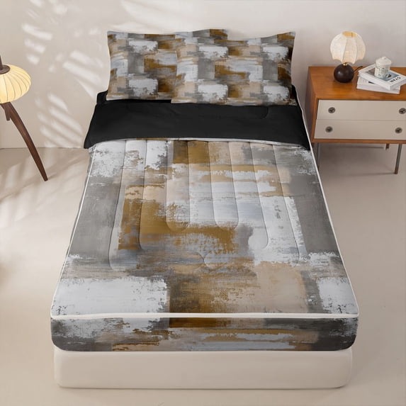Homewish Brown Gradient Plaid Zipper Twin Comforter Sets with Fitted Sheet and 2 Pillowcases,Aesthetic Art Zipper Bedding Set,Black Reversible,4pcs