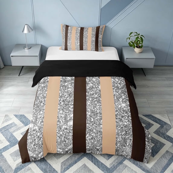 Homewish Brown Gray Stripes Twin Duvet Cover for Girls, Psychedelic Stars Twin Bedding, Black Reversible, 2 Pieces 1 Duvet Cover and 1 Pillowcase