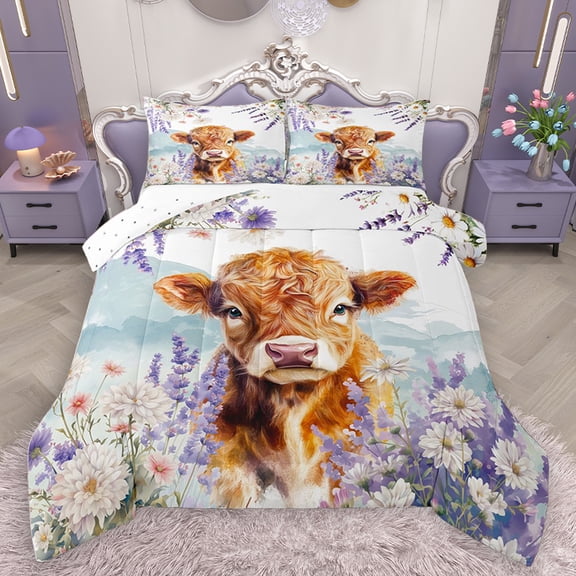Homewish Brown Highland Bull Queen Comforter Set, Rustic Flower Floral Bedding Sets, Kawaii Cartoon Animal Reversible Bedding Comforter Set, Super Cozy Room Decor, 3pcs