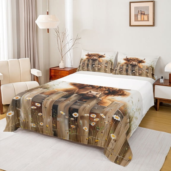Homewish Brown Highland Cow Twin Sheet Sets for Kids, Vibrant Groovy Flower Floral Twin Fitted Sheet, Western Lake House Flat Sheet, Luxury Bedroom Decor, 3 Pieces