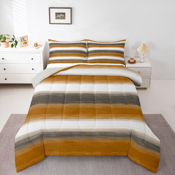 Homewish Brown Horizontal Stripes Full Size Comforter Sets,Abstract Modern Bedding Comforter Set,Light Gray Reversible,3-Piece,1 Comforter and 2 Pillowcases