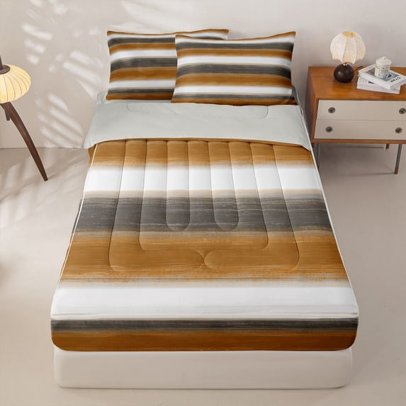 Homewish Brown Horizontal Stripes Zipper Twin Comforter Sets with Fitted Sheet and 2 Pillowcases,Abstract Modern Zipper Bedding Set,Light Gray Reversible,4pcs