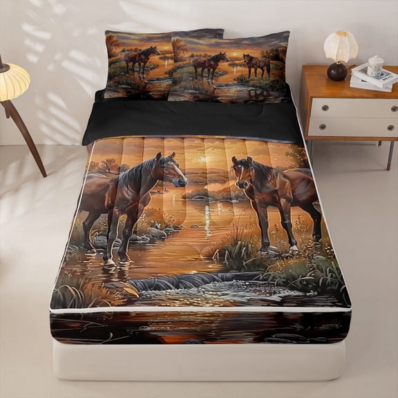 Homewish Brown Horse Zipper Twin Comforter Sets with Fitted Sheet and 2 Pillowcases, Rustic Farmhouse Zipper Bedding Set, Black Reversible, 4 Pieces