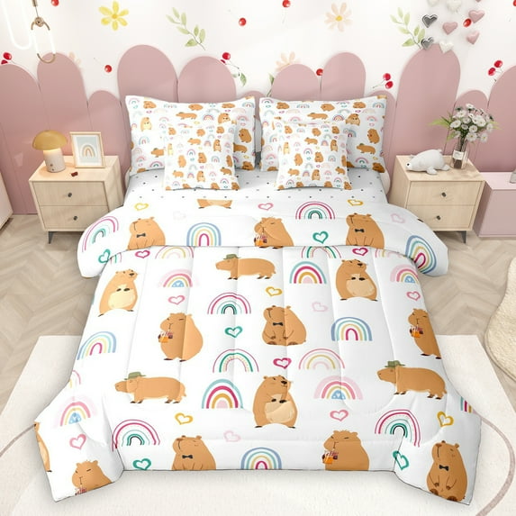 Homewish Brown Kawaii Capybara 7 Pieces Bedding Comforter Set,Colorful Rainbow Full Bedding Set,Cute Multicolor Loves Fitted Sheet Flat Sheet For Girl Teens,Ultra Soft Home Decor Reversible