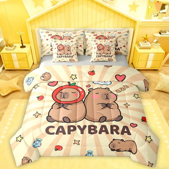 Homewish Brown Kawaii Capybara 7pcs Bedding Comforter Set,Cartoon Animal Queen Bedding Sets,Rainbow Stars Pattern Queen Sheet Sets For Girl Boy,Breathable Home Decor Reversible