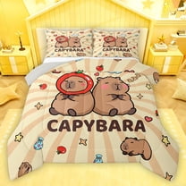 Homewish Brown Kawaii Capybara Bedding Comforter Set,Cartoon Animal Twin Comforter Sets,Rainbow Stars Pattern Bedding Set For Girl Boy,Breathable Home Decor Reversible,2pcs