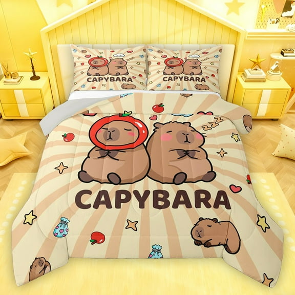 Homewish Brown Kawaii Capybara Bedding Comforter Set,Cartoon Animal Twin Comforter Sets,Rainbow Stars Pattern Bedding Set For Girl Boy,Breathable Home Decor Reversible,2pcs