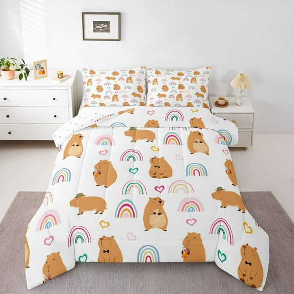Homewish Brown Kawaii Capybara Full Size Comforter Sets,Colorful Rainbow Bedding Comforter Set,Cute Multicolor Loves Bedding Sets For Girl Teens,Ultra Soft Home Decor Reversible,3pcs