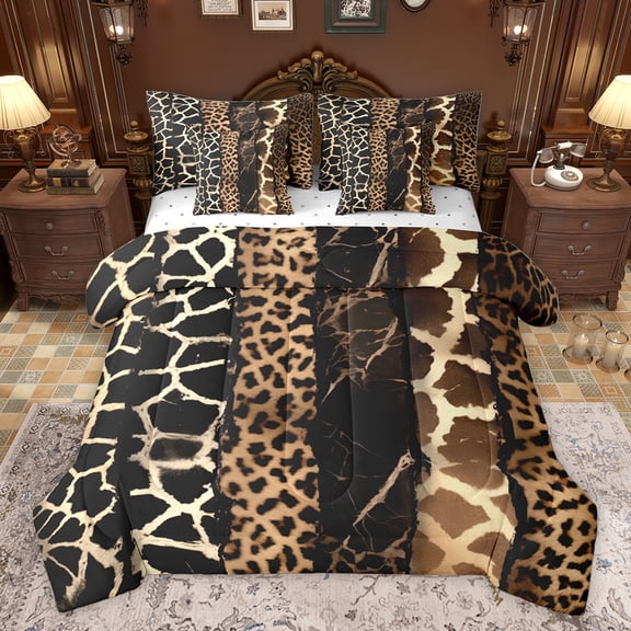 Homewish Brown Leopard Print Bedding Comforter Set 7pcs for Women, Giraffe Cheetah Animal King Bedding Sets, Fashion Abstract Reversible Bed Sheets, Microfiber Bedroom Decor