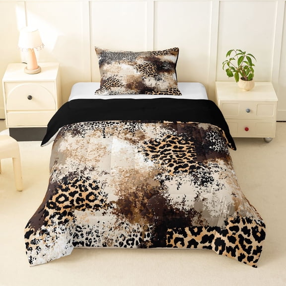 Homewish Brown Leopard Print Twin Comforter Sets,Abstract Artwork Bedding Set,Black Reversible,2pcs,1 Comforter and 1 Pillowcase