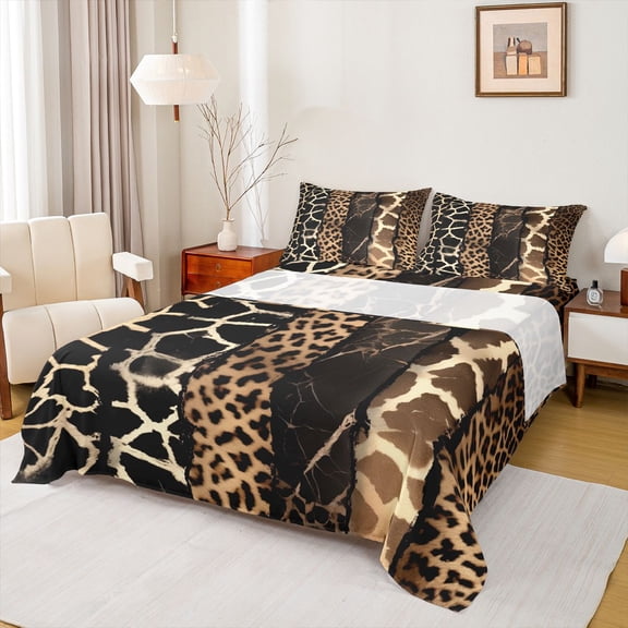 Homewish 3pcs Brown Leopard Twin Sheet Set, Giraffe Cheetah Animal Microfiber Decor