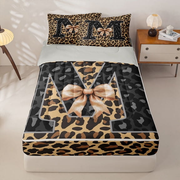 Homewish Brown Leopard Print Zipper Twin Comforter Sets with Fitted Sheet and 2 Pillowcases, Ribbon M Letter Zipper Bedding Set, Gray Reversible, 4-Piece