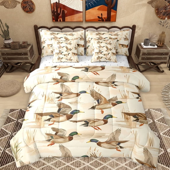 Homewish Brown Mallard Duck 7-Piece Bedding Comforter Set,Country Farmhouse Lodge King Bedding Sets,Rustic Flying Animal Bed Sheets For Boyskids,Luxury Bedroom Decor Reversible