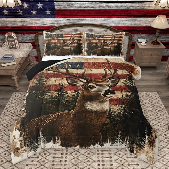 Homewish Brown Moose Deer Queen Comforter Set for Adult, Rustic Farmhouse Bedding Sets, Western US Flag Reversible Bedding Comforter Set, Lightweight Room Decor, 3pcs