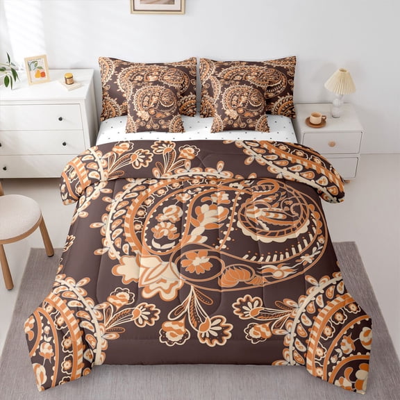 Homewish Brown Paisley Print Bedding Comforter Set 7-Piece for Adult, Vintage Damask Flower King Bedding Sets, Southwestern Theme Reversible Bed Sheets, Super Cozy Room Decor