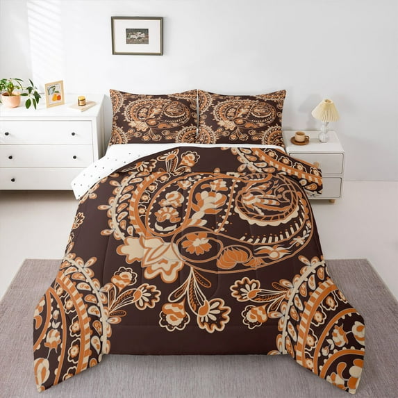Homewish Brown Paisley Print Bedding Comforter Set for Adult, Vintage Damask Flower Twin Comforter Sets, Southwestern Theme Reversible Bedding Set, Super Cozy Room Decor, 2-Piece