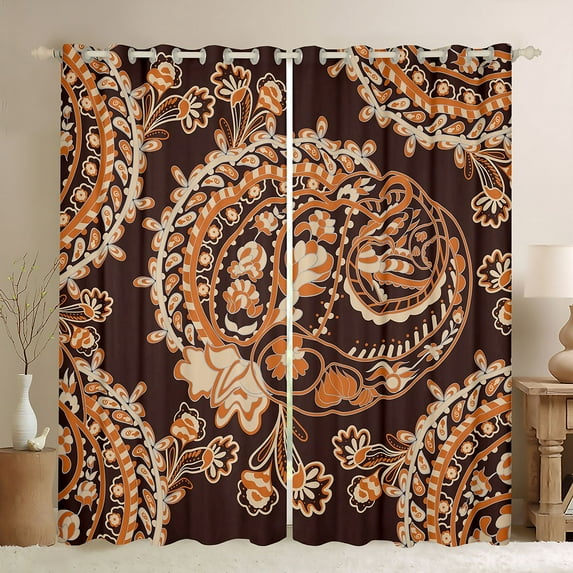 Homewish Brown Paisley Print Blackout Curtains Set of 2 (52x84 Each) for Adult, Vintage Damask Flower Window Curtains, Southwestern Theme Curtains and Drapes, Curtains Blackout Decor