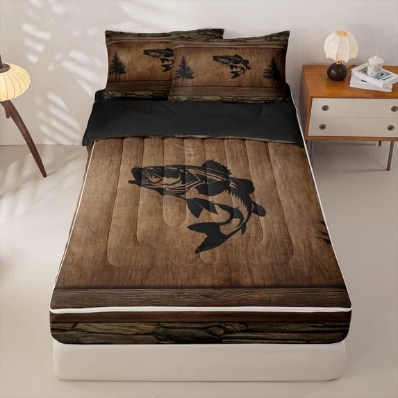Homewish Brown Pike Fish Zipper Full Size Comforter Sets with Fitted Sheet and 2 Pillowcases for Men, Rustic Farmhouse Zipper Bedding Set, Black Reversible, 4-Piece