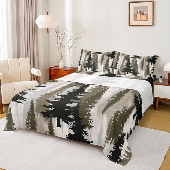 Homewish Brown Pine Tree Full Size Sheets, Vintage Western Countryside Bed Sheets, Teens Adult Men Sheet Sets, Ultra Soft Bedroom Decor, 4 Pieces