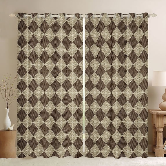 Homewish Brown Rhombus Checkered Blackout Curtains Set of 2 (52x84 Each),Retro Boho Geometric Window Curtains,Bohemian Plaid Print Curtains and Drapes For Girls Teens,Breathable Home Decor