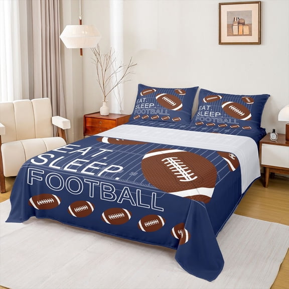 Homewish Brown Rugby Soccer Twin Sheet Sets for Kids, Cartoon Football Sports Twin Fitted Sheet, Est Sleep Flat Sheet, Lightweight Room Decor, 3pcs