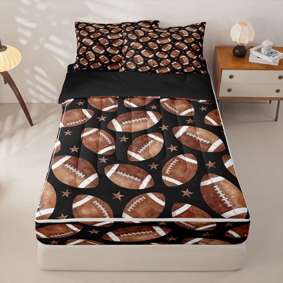 Homewish Brown Rugby Stars Print Zipper Twin Comforter Sets with Fitted Sheet and 2 Pillowcases,American Ball Football Theme Zipper Bedding Set For Kids,Black Reversible,4 Pieces