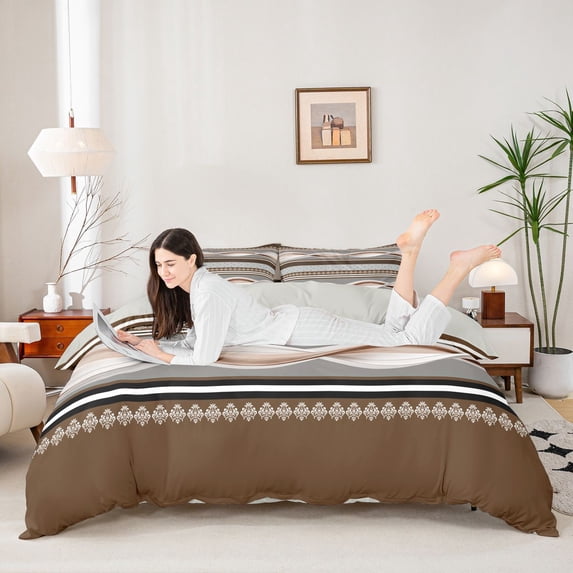 Homewish Brown Spiral Swirl Bedding,Geometric Artwork Duvet Cover Full,Light Gray Reversible,3pcs,1 Duvet Cover and 2 Pillowcases