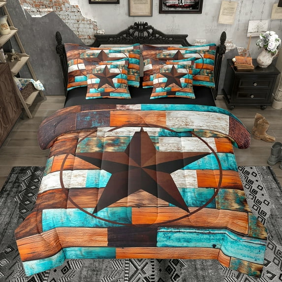 Homewish Brown Texas Stars Bedding Comforter Set 7 Pieces for Adult, Orange Cyan Wooden Plank Full Bedding Set, Vintage Bohemian Reversible Fitted Sheet Flat Sheet, Luxury Bedroom Decor