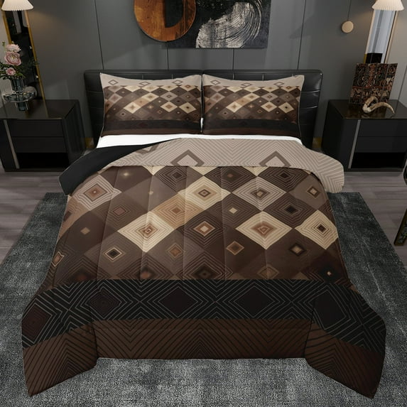 Homewish Brown Vintage Square Queen Comforter Set, Boho Aztec Abstract Bedding Sets, Western Old Fashion Reversible Bedding Comforter Set, Breathable Home Decor, 3pcs