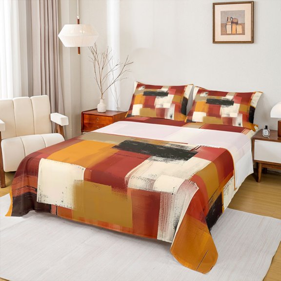 Homewish Brown Watercolor Bed Sheets,Vintage Geometric Art Full Size Sheets,4 Pieces,1 Flat Sheet, 1 Fitted Sheet and 2 Pillowcases