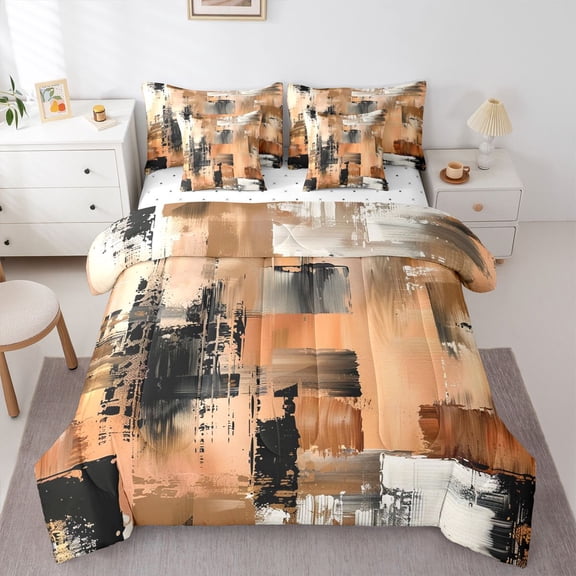 Homewish Brown Watercolor Ombre 7 Pieces Full Size Bedding Sets,Classic Abstract Geometric Full Size Bed in a Bag,Reversible